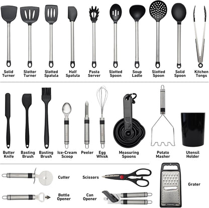 Silicone Kitchen Utensils Set 33 PCS Heat Resistant Food Grade Silicone Utensils Set for Cooking with Stainless Steel Handles BPA Free Kitchen Gadgets Tools Set with Holder Safe for Nonstick Cookware