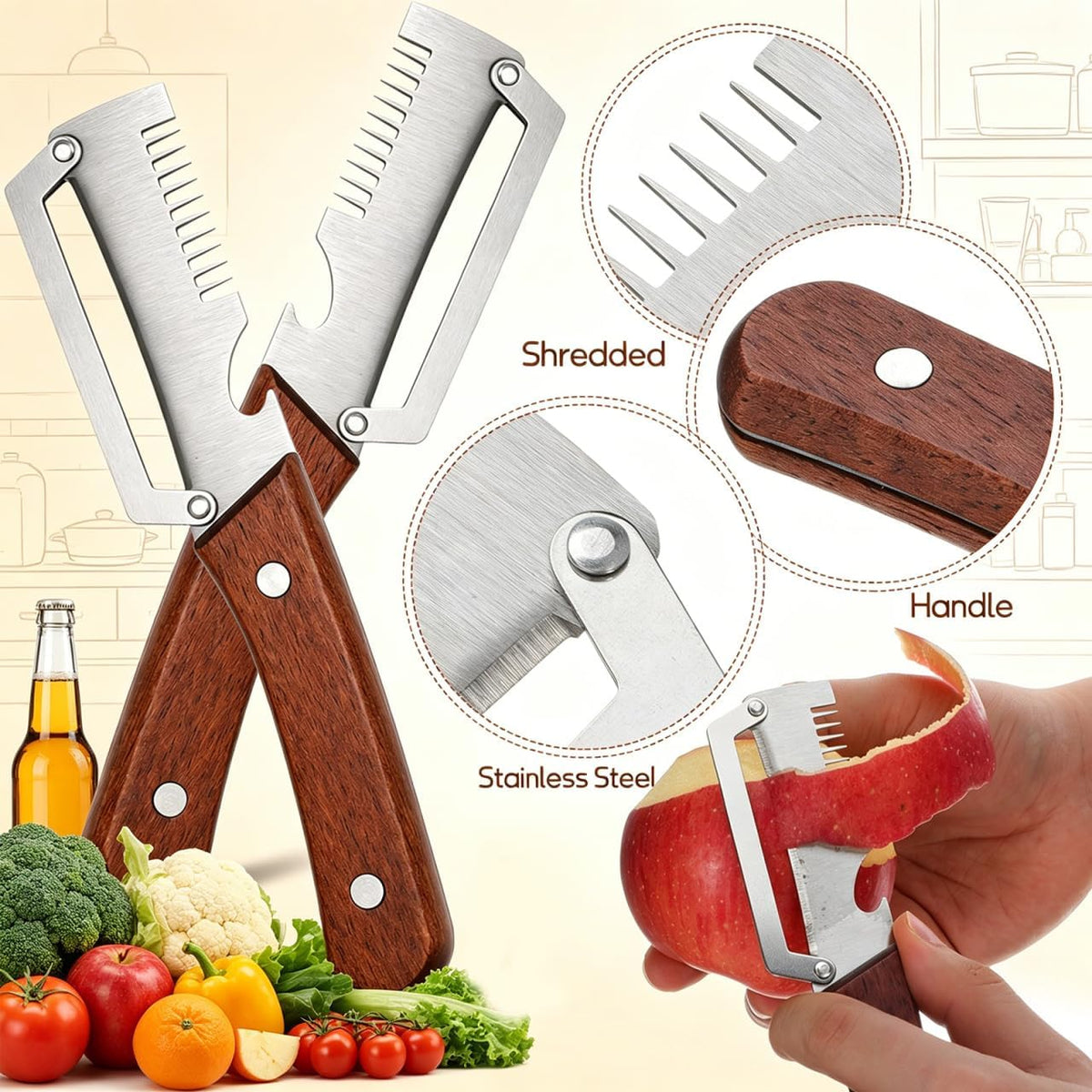 2 Pack Multi-Functional Vegetable Peeler, 3-in-1 Stainless Steel Peeler Shredder with Bottle Opener, Multifunctional Vegetable and Fruit Slicing Knife with Wooden Handle for Kitchen