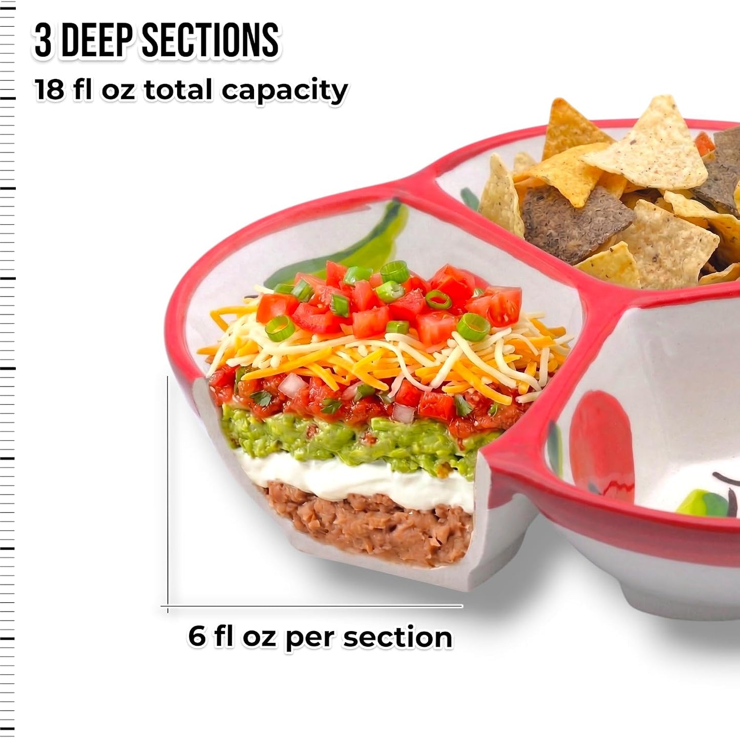 Ceramic Chip & Dip Bowl 7.5”, 3-Compartment Divided Serving Dish & Condiment Tray for Appetizers – Handmade in Spain, Lead-Free Glaze, Microwave, Oven & Dishwasher Safe