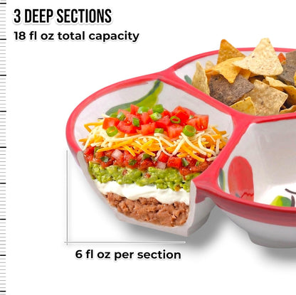 Ceramic Chip & Dip Bowl 7.5”, 3-Compartment Divided Serving Dish & Condiment Tray for Appetizers – Handmade in Spain, Lead-Free Glaze, Microwave, Oven & Dishwasher Safe