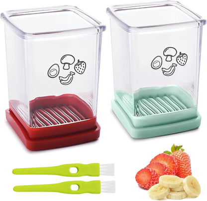 2 Pcs Cup Slicer, Stainless Steel Strawberry & Banana Slicer, Speed Fruit Cutter with Push Plate, Quickly Making Salad, Must Have Kitchen Gadget (Cyan+Red)