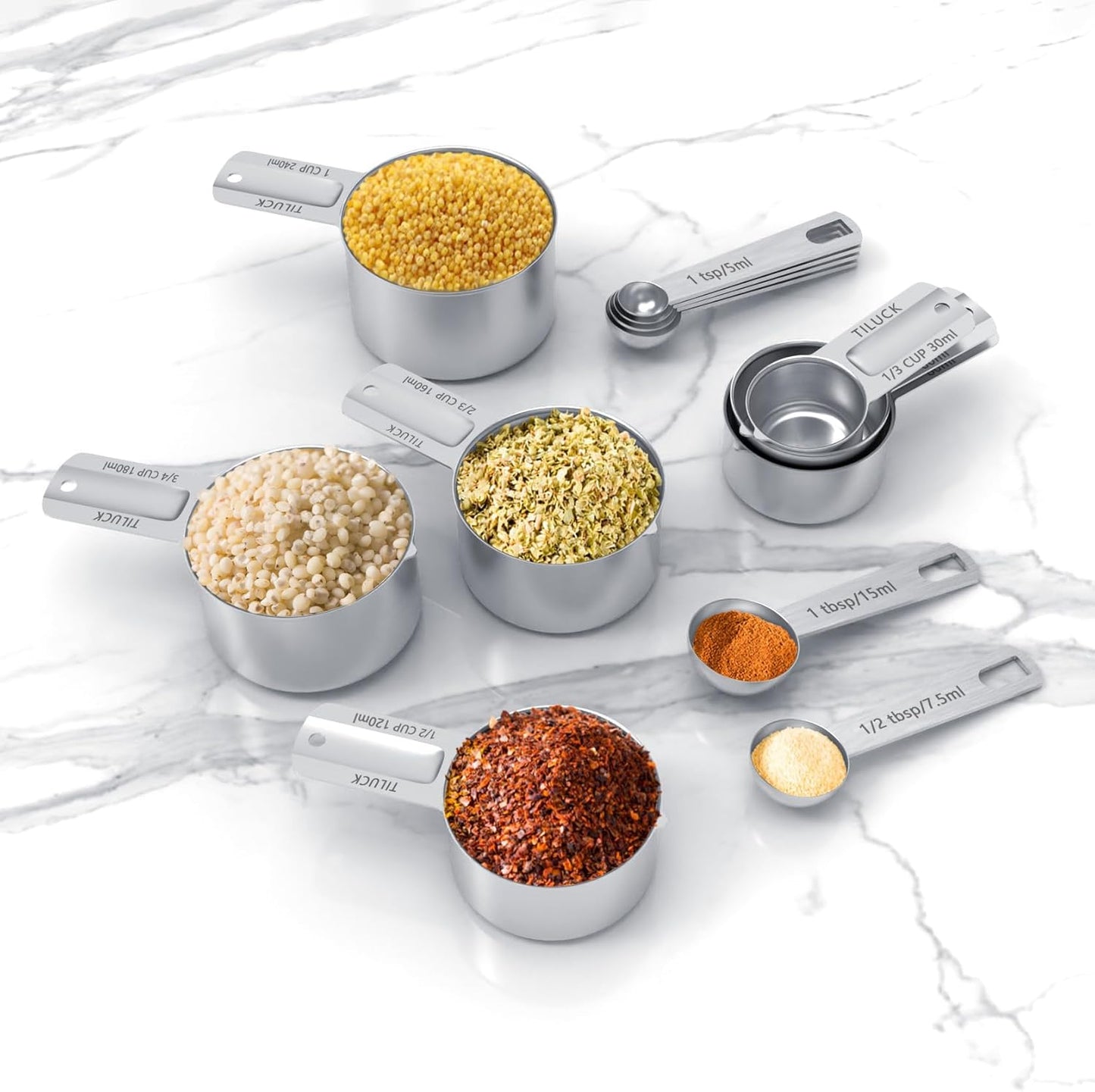 TILUCK Stainless Steel Measuring Cups & Spoons Set,Coffee Scoop Spoon,Kitchen Gadgets for Cooking & Baking,Set of