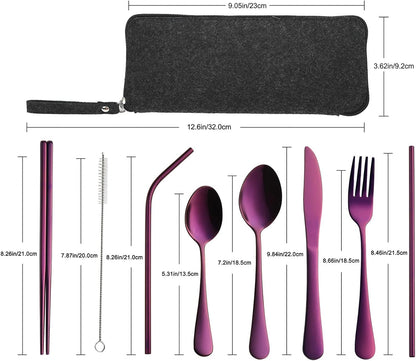 VANDBAO Camping Utensils Set, Portable Travel Utensils with Case for Fixing Tableware, Reusable Stainless Steel Stable Cutlery Set, Lunch Picnic Flatware Silverware (Rainbow Set)