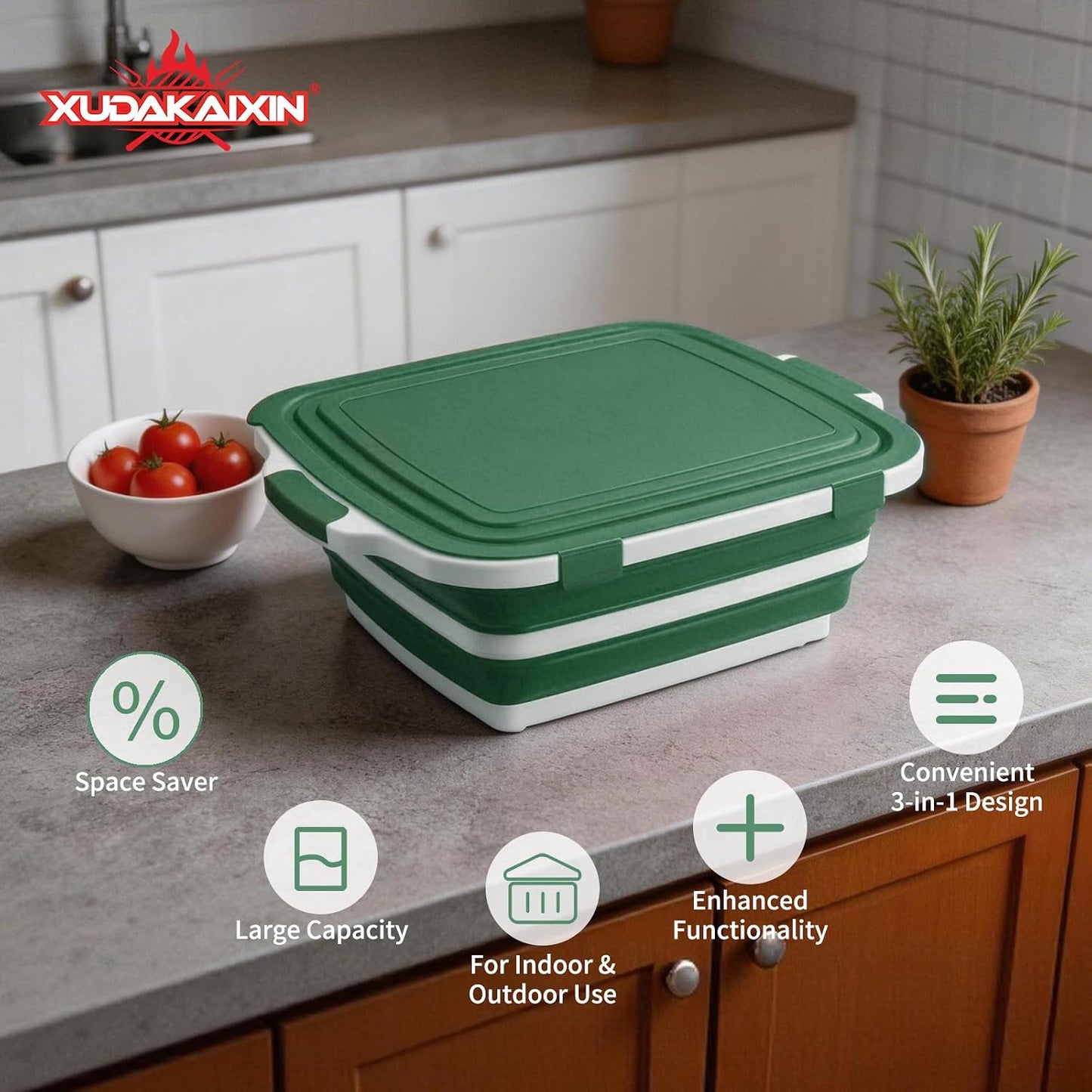 XUDAKAIXIN Collapsible BBQ Prep Tub for Meal Prep, Marinating,Food Storage, picnics, camping, barbecues,cutting fruits and vegetables - Includes Cutting Board and Locking Lid,(X-Large) Black