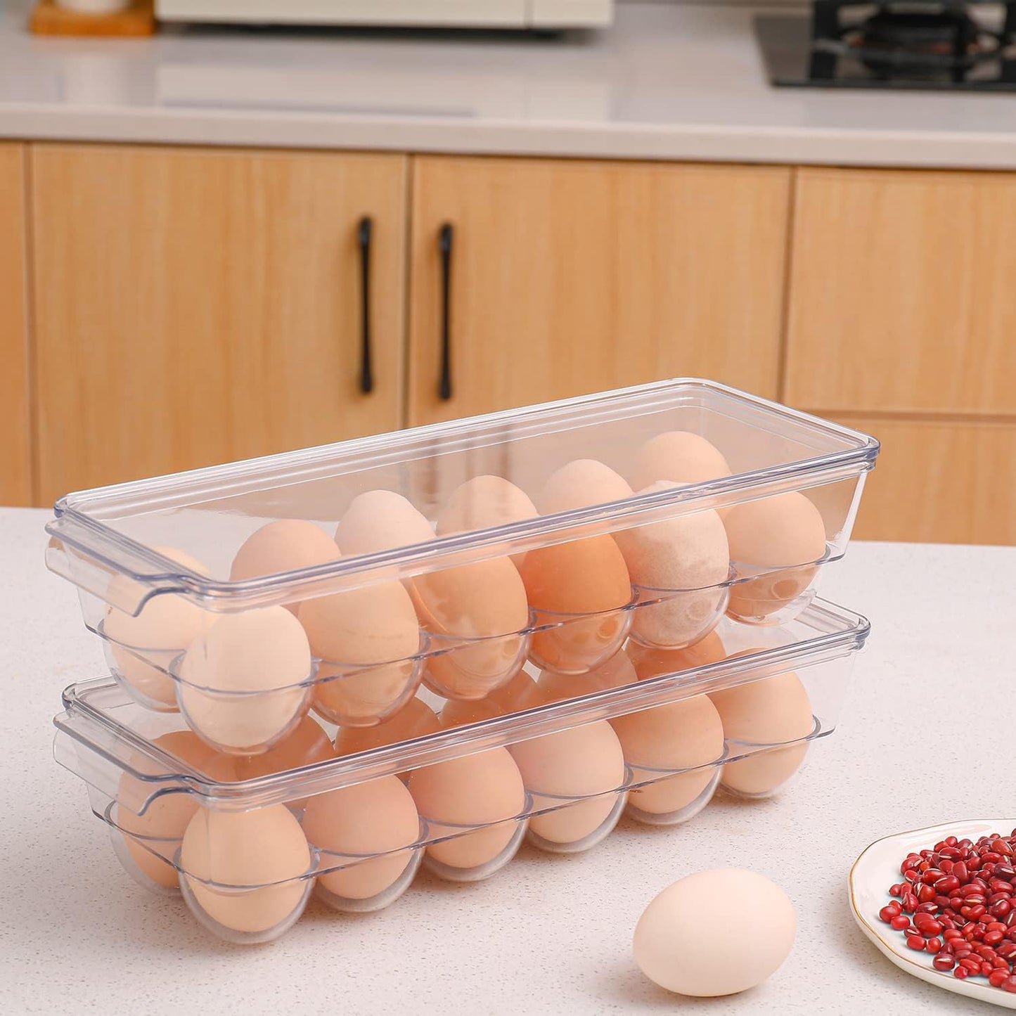 Sooyee 2 Pack Covered Egg Holders for Refrigerator,Clear 2X24 Deviled Egg Tray Storage Box Dispenser,Stackable Plastic Egg Cartons,Egg Holder Countertop(48 Eggs)