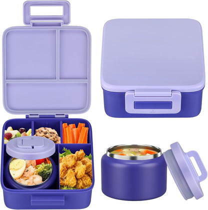 MAISON HUIS Bento Lunch Box with 8oz Soup Thermo and Insulated Lunch Bag, Kids Leakproof Lunch Food Containers with 5 Compartment, Boys Girls Thermo Hot Food Jar for Travel, School, BPA Free (Black)