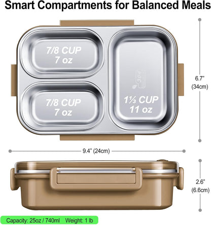 KTKUDY Stainless Steel Bento Box for Kids & Adults - 25 oz - Leakproof 3 Compartment Metal Lunch Container - 18/8 Stainless Steel Lunch Box Kids - Ideal for School, Office & Outdoor (Cream)