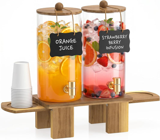 1.5 Gallon Drink Dispenser for Parties (2 Pack) - Glass Beverage Dispenser with Wood Stand, Stainless Steel Spigot & Coasters, Large Beverage Container for Hosting, BBQ, Lemonade, Juice & Iced Tea