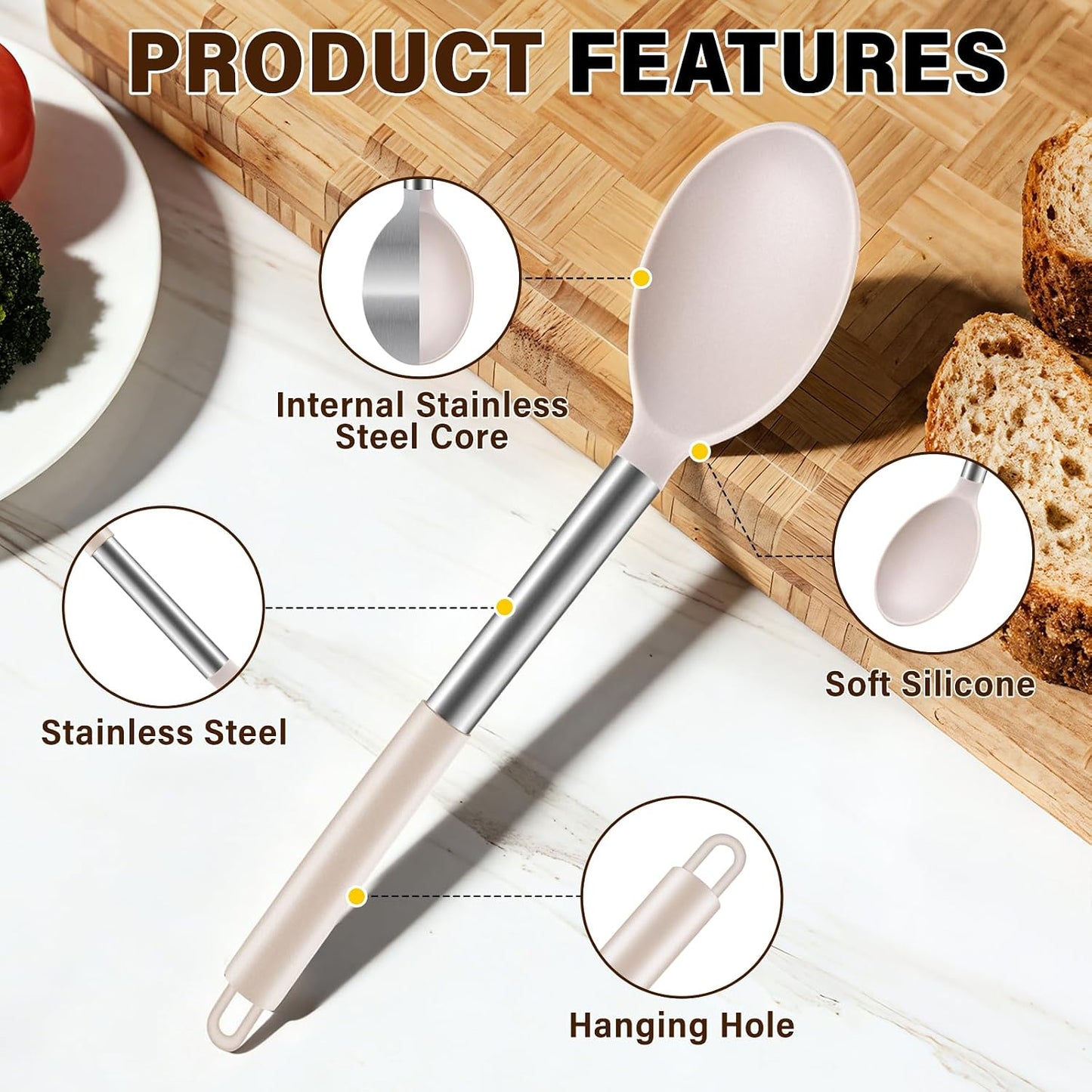 3Pcs Silicone Cooking Spoon Set, Kitchen Utensils Include Solid & Slotted Spoon, Soup Ladle, Food-Grade Heat Resistant 446°F, Non-Scratch Spoons for Serving, Stirring, Draining, Dishwasher Safe, Gray