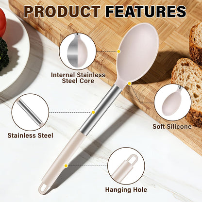 3Pcs Silicone Cooking Spoon Set, Kitchen Utensils Include Solid & Slotted Spoon, Soup Ladle, Food-Grade Heat Resistant 446°F, Non-Scratch Spoons for Serving, Stirring, Draining, Dishwasher Safe, Gray