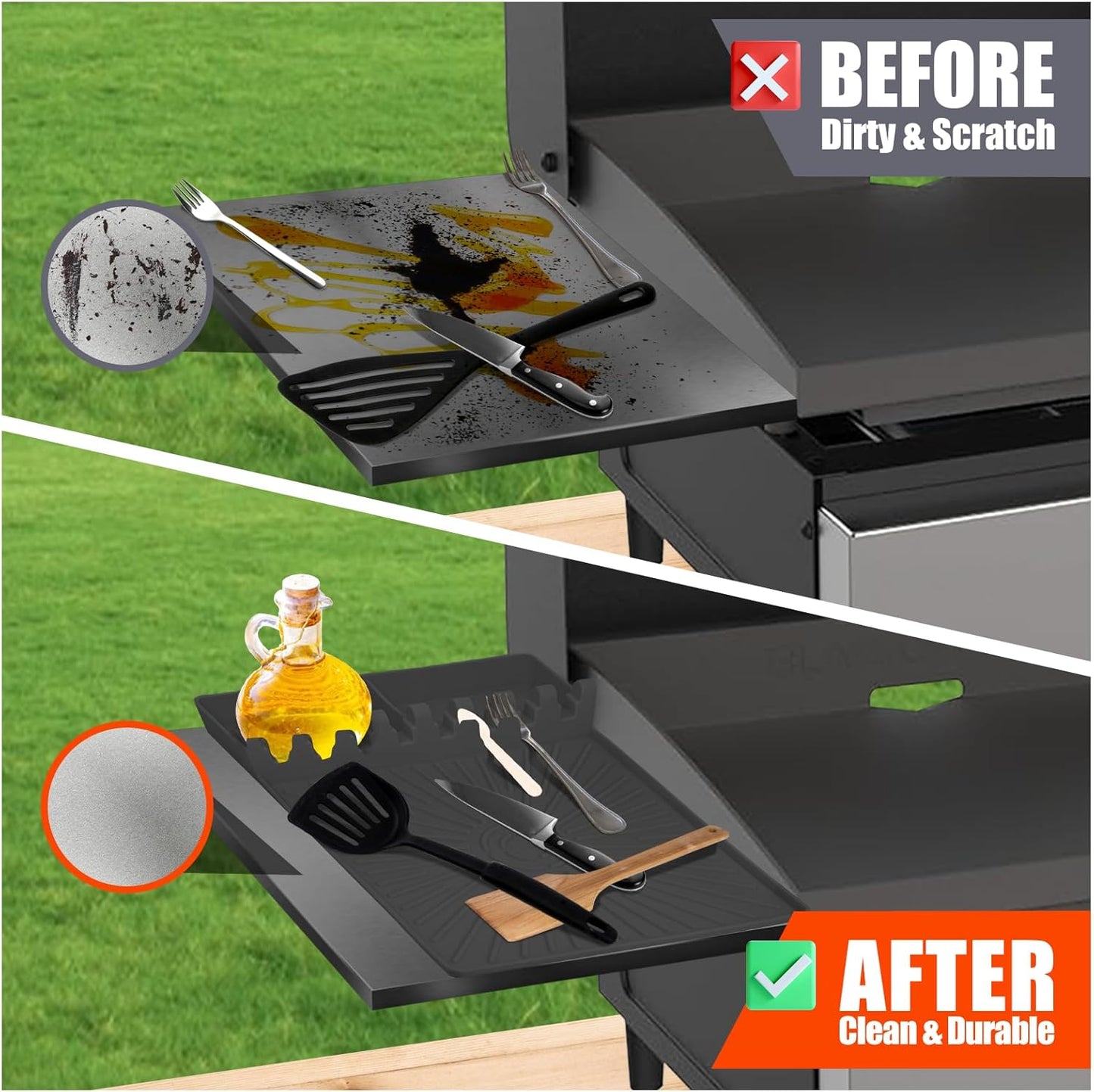 Large Silicone Grill Mat with Drip Pad, Heat Resistant Spatula Holder for Blackstone Side Shelf & Outdoor Kitchen Countertop, Reusable Griddle Accessories for BBQ Enthusiasts and Home Cooks