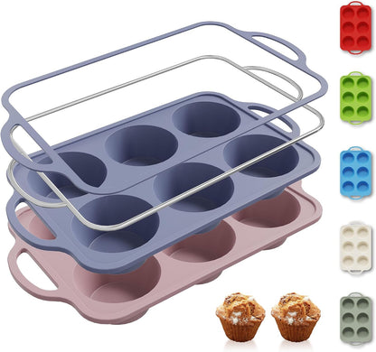 2 Packs 12 Cups Silicone Muffin Pan for Baking with Metal Reinforced Frame Regular Size Cupcake Pan Tray Egg Bites Silicone Cookie Molds Muffin Tin Tart Pans Sheet Set for Oven Dishwasher Safe
