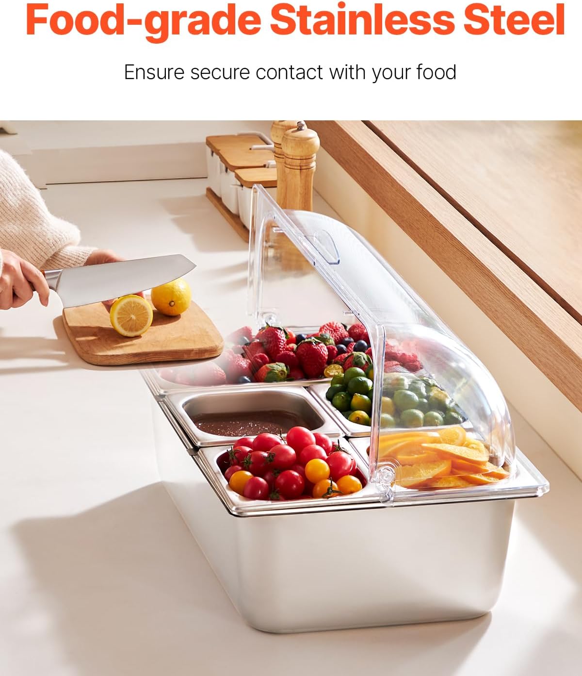 VEVOR Chilled Condiment Server Caddy, 5 Compartment Ice Cooled Serving Container, Plastic Fruit Garnish Tray Platter with Lid, for Taco Salad Bar Accessories, Party Home Restaurant Supplies