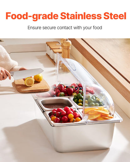 VEVOR Chilled Condiment Server, 4 Compartment Ice Cooled Condiment Serving Container, Chilled Garnish Tray Bar Caddy with Lid, for Bartending & Serving Taco, Salad, Fruit, Home & Restaurant Supplies