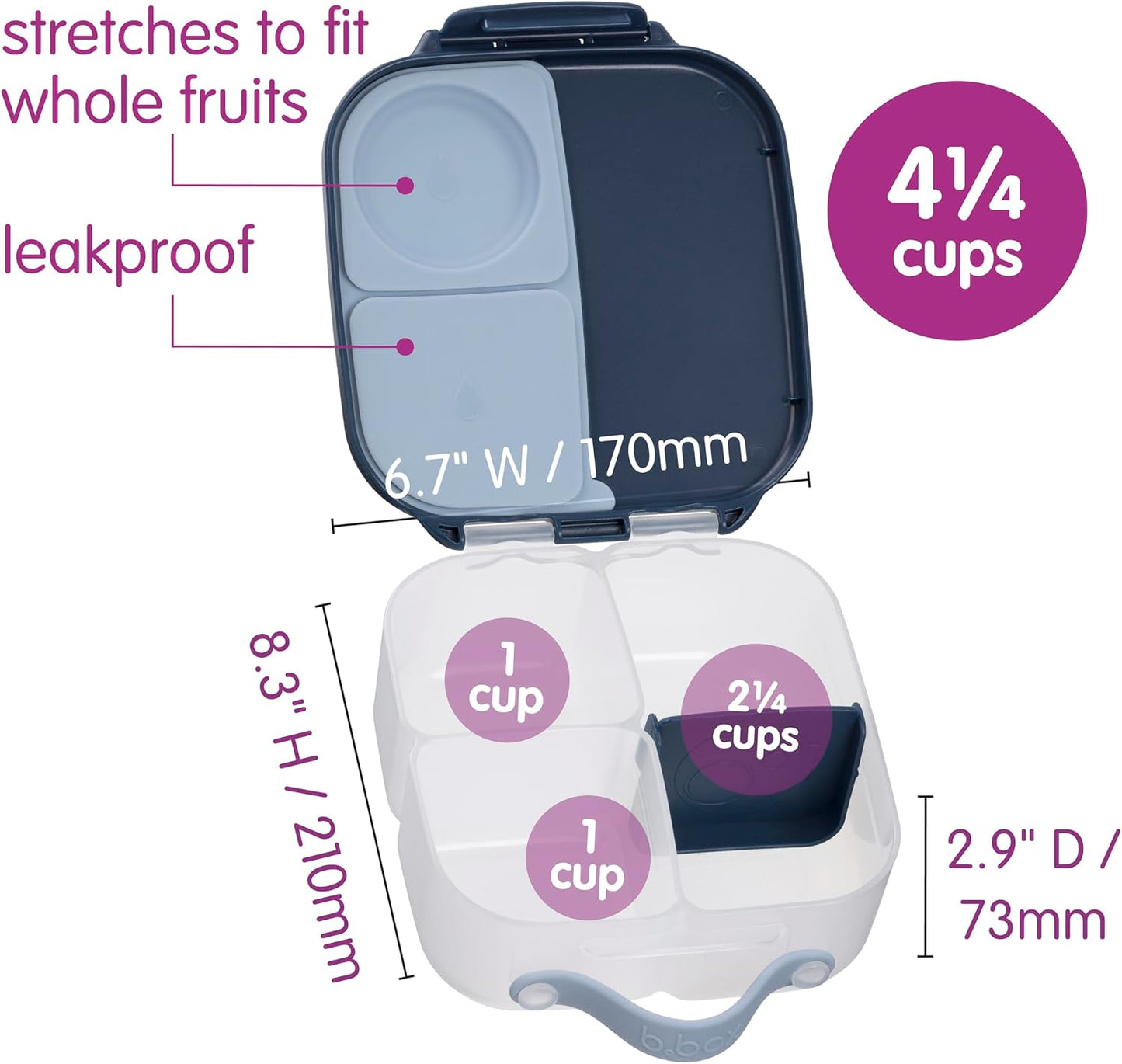 b.box Mini Lunch Box 2-Pack, Leak Proof Bento Box for Kids, 3 Compartment Snack Containers Ages 3+, Lunchbox for Daycare + School, Dishwasher Safe, BPA-Free, PFAS-Free, 4.25 Cup - Blue + Green