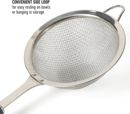 Calphalon Prime Edge 5-Inch Stainless Steel Strainer, Fine Mesh Kitchen Colander Strainer with Thermoplastic Rubber Handle, Sifter for Rinsing, Draining & Straining Food, Navy