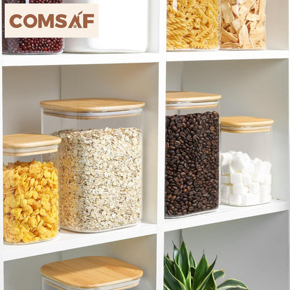 ComSaf Glass Storage Jars with Bamboo Lids 4.6 Qt 2 Pack Large Wide Mouth | Pantry organization, Flour Sugar Coffee Beans, Pasta Cereal Dry Food, 1.2 Gallon, Cabinet Organization, Dry Food Storage