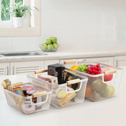 Noamus 3 Pack Metal Mesh Baskets with Wood Handle, Iron Storage Organizer Basket, Cream White Wire Countertop Baskets for Organizing, Cabinet Pantry Closet Bedroom Kitchen(3 Size)