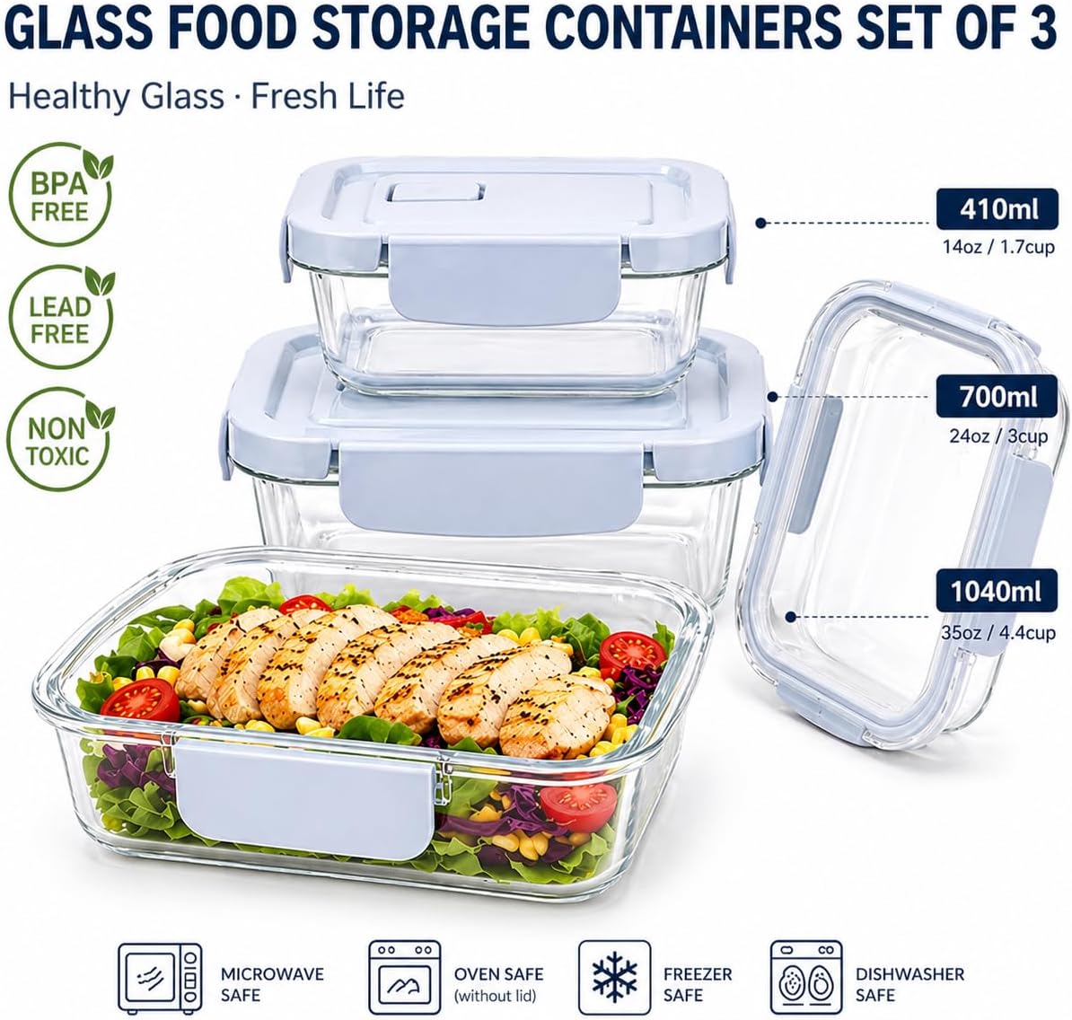 Glass Food Storage Containers with Lids, 3 Pack (14oz / 24oz / 36oz), Glass Meal Prep Containers, Airtight & Leak Proof Bento Boxes, Microwave Oven Freezer Safe Kitchen Storage Containers