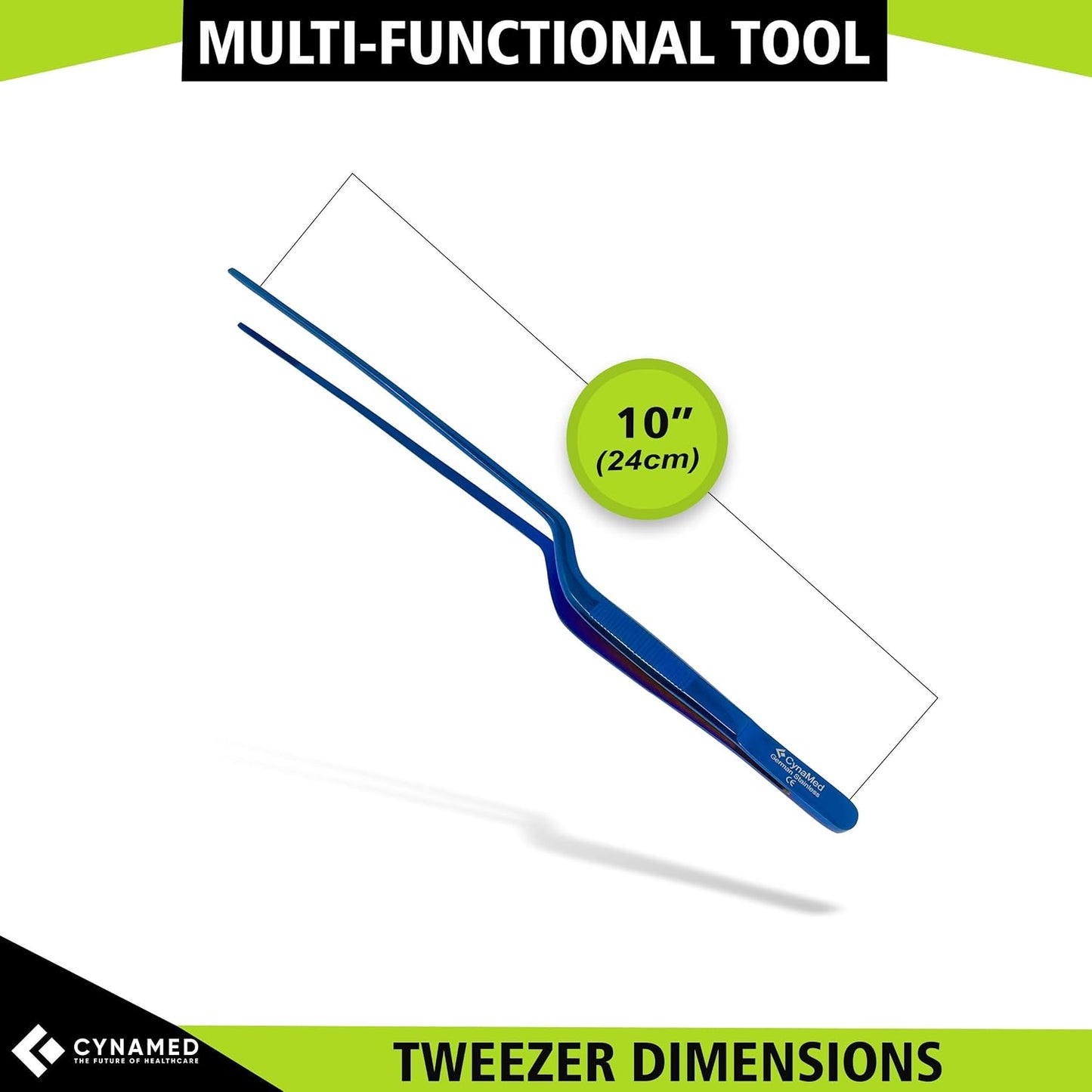Cynamed 10” Kitchen Premium Tongs Tweezers Stainless Steel, Long with Precision Serrated Tips (Blue, Bayonet)