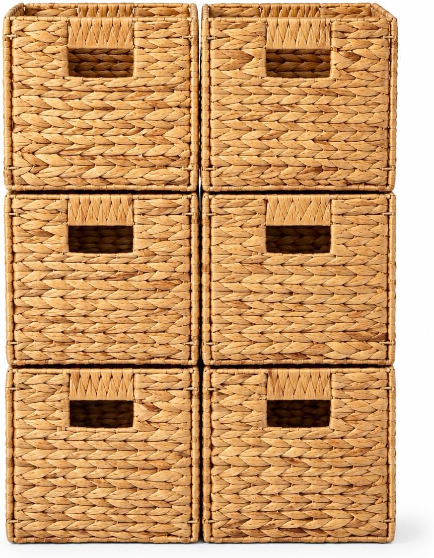 4 Hand-Woven Wicker Storage Baskets 13x11x11in, Water Hyacinth Shelf Bins | ECO-FRIENDLY & SUSTAINABLE