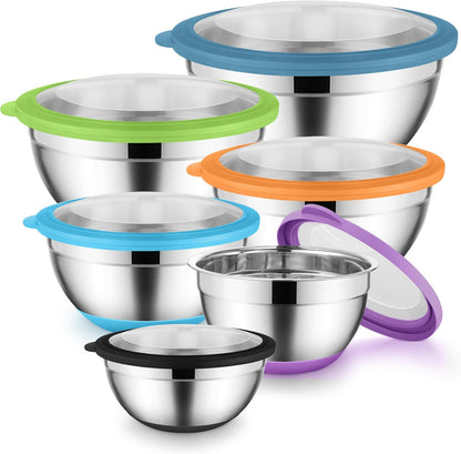Onader Colorful Mixing Bowl Set of 6 for Kitchen, Large Stainless Steel Metal Nesting Mixing Bowls with Airtight Lids, Non Slip - Size 0.7, 1, 1.5, 2, 2.6, 4.6QT