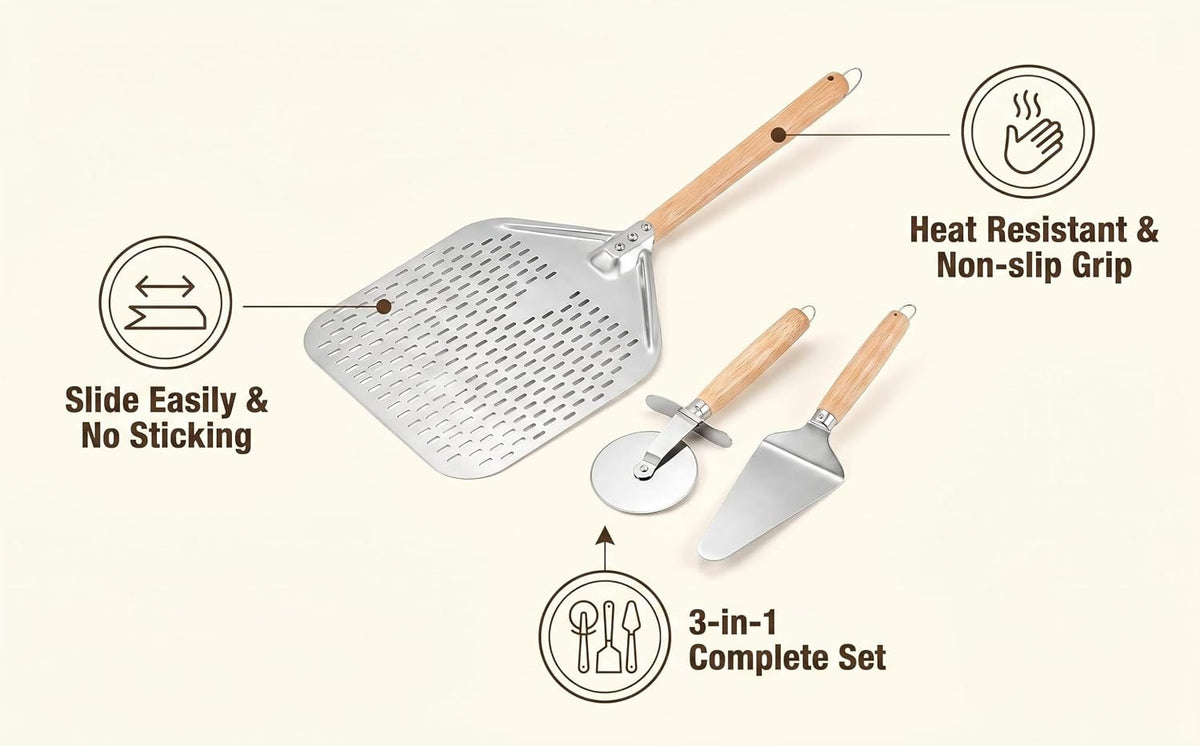 Perforated Pizza Peel Set, 12 x 14 Inch Stainless Steel Paddle with Detachable Wood Handle, Includes Peel, Cutter and Turner, 3 Piece