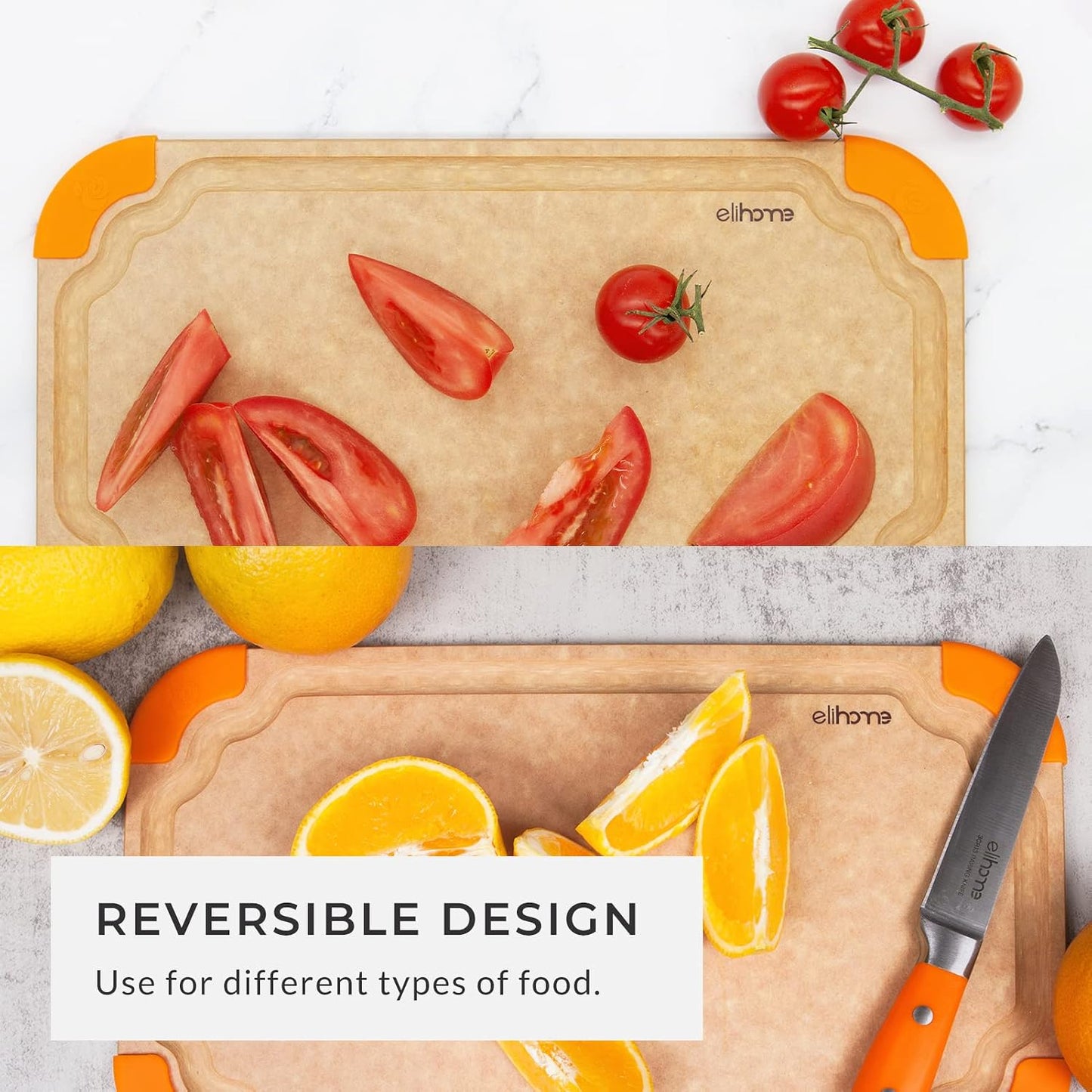 Elihome Premium Series 2-in-1 Kitchen Cutting Board Set, Non Slip Feet, Color Coded with Food Icon, Natural Wood Fiber, Dishwasher Safe, Eco-Friendly, Juice Grooves,Non Porous, BPA Free, Made in USA