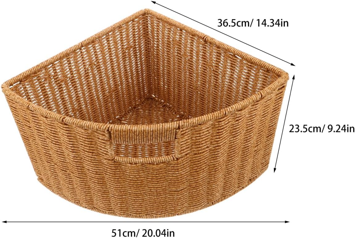 Woven Triangle Corner Storage Basket with Handles Shelf Laundry Basket | Plastic Rattan-Style Basket Fits Shelf Corners, Cabinets, Counters or Bathrooms for Towels, Laundry, Toys and Pantry Items