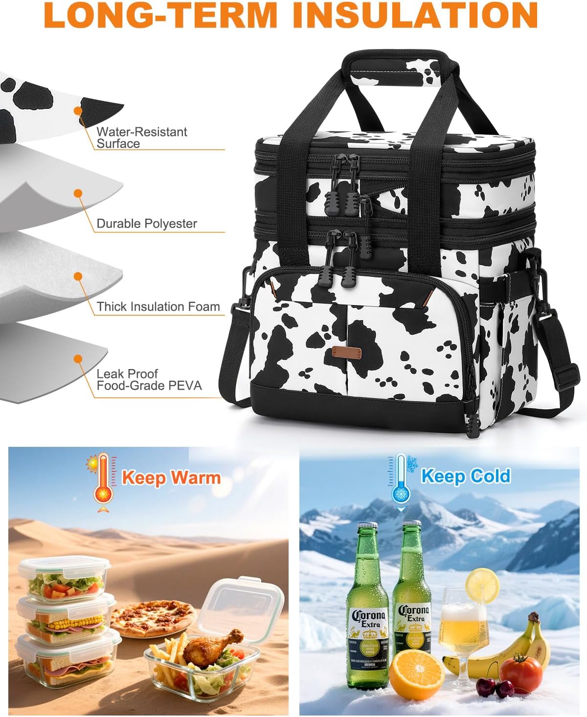 Pritent Lunch Box For Men Women Double Deck Insulated Lunch Bag For Men Woman Leakproof Expandable Cooler Bag with Adjustable Shoulder Strap for Kids Shool Work Picnic Camping(Beige,Large)