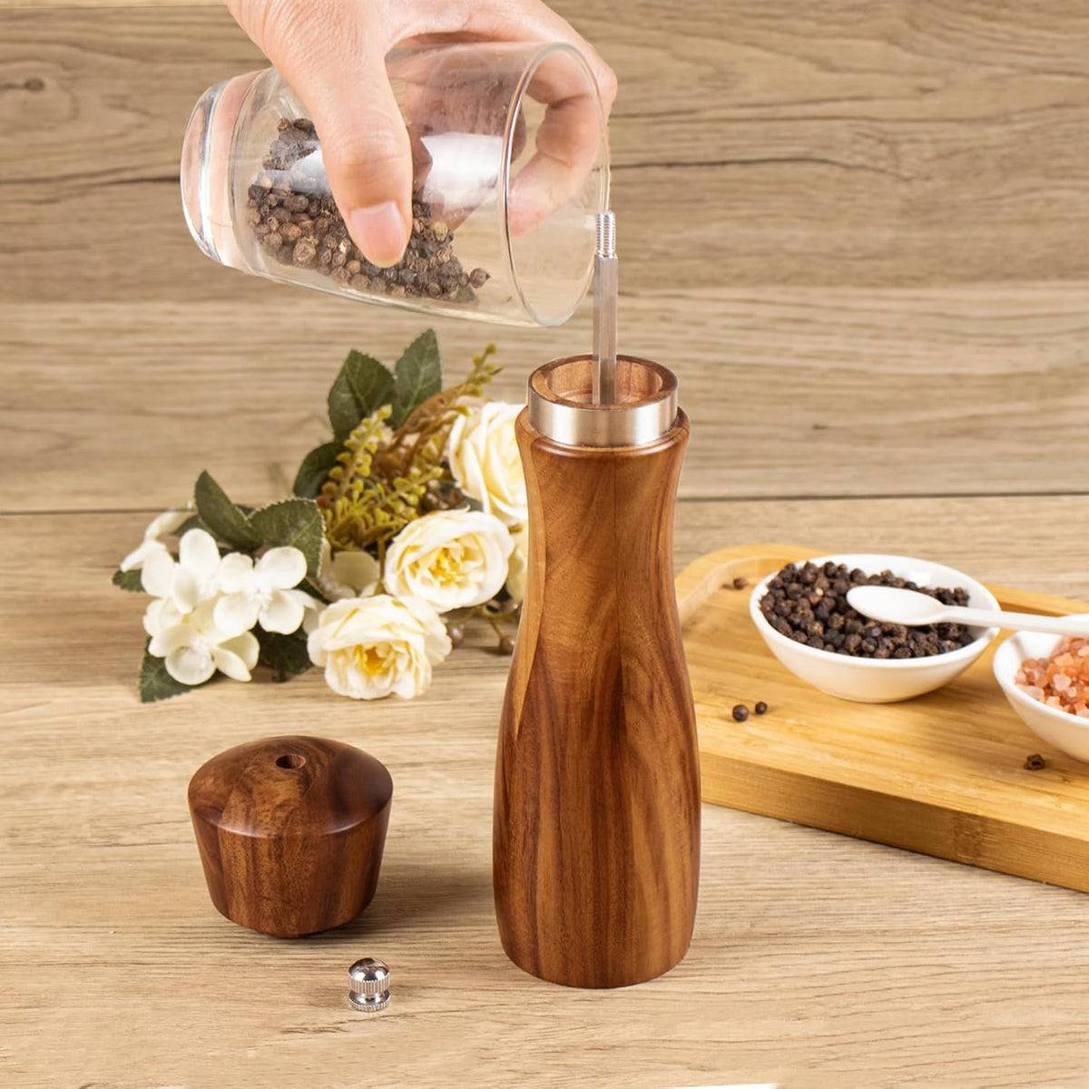 Acacia Wood Pepper Grinder, 8 Inch Salt Mill Pepper Mill for Kitchen