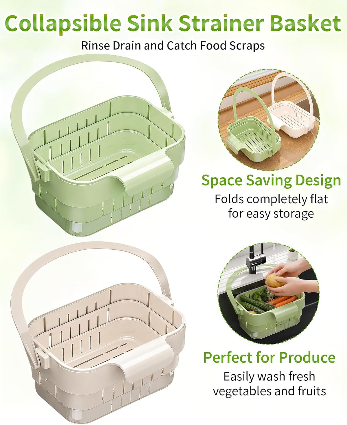 2 Pcs Collapsible Sink Drain Basket, Hanging Food Strainer Colander