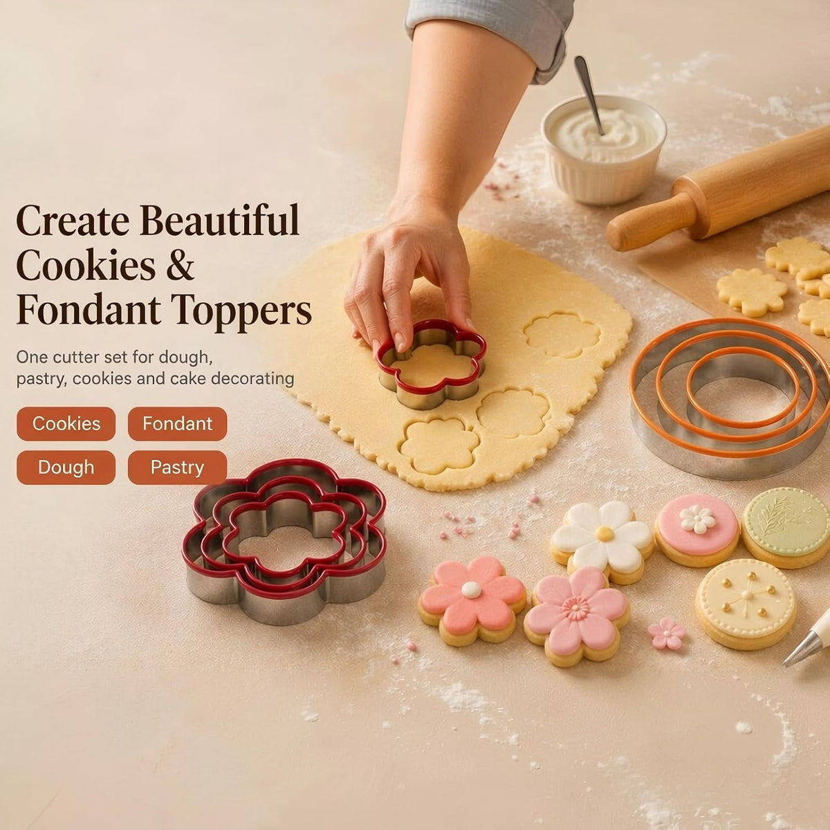 6 Pcs Cookie Cutters Set - Flower and Round Shapes Biscuit Cutter