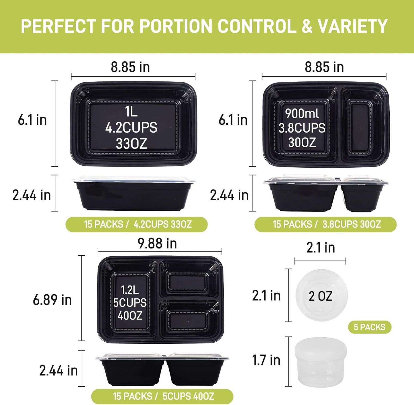 LISI 100-Piece Meal Prep Containers, 33oz Large Food Storage Containers with lids with 1, 2, 3-Compartment, Freezer Safe To-Go/Take-Out Boxes, Includes 5-Pack 2oz Dressing Cups for Take Out