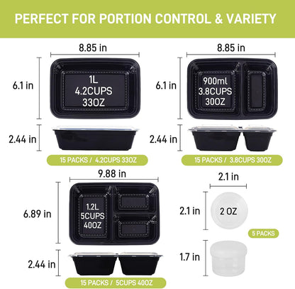 LISI 100-Piece Meal Prep Containers, 33oz Large Food Storage Containers with lids with 1, 2, 3-Compartment, Freezer Safe To-Go/Take-Out Boxes, Includes 5-Pack 2oz Dressing Cups for Take Out