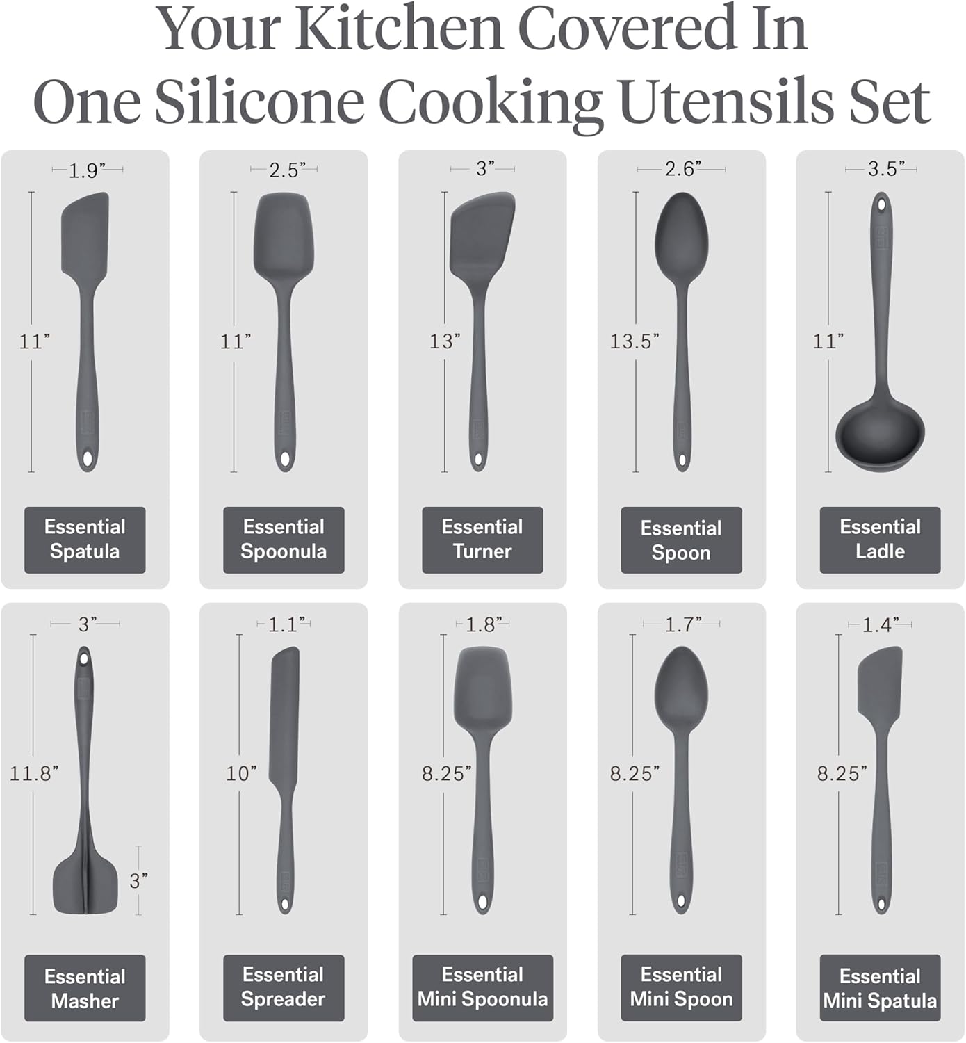 GIR 5-Piece Silicone Kitchen Utensils Set, Non-Toxic Cooking Utensils for Cooking and Baking, Heat Resistant, Food Grade, Dishwasher Safe Rubber Spatula, Ladle, Spoon - Charcoal