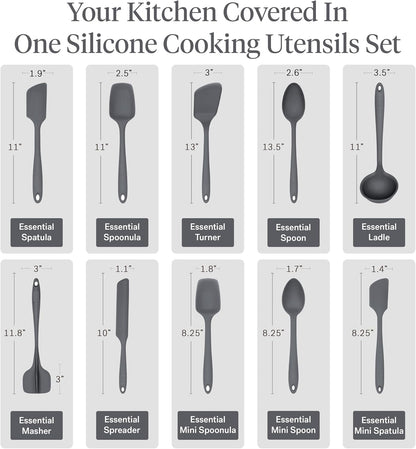 GIR 5-Piece Silicone Kitchen Utensils Set, Non-Toxic Cooking Utensils for Cooking and Baking, Heat Resistant, Food Grade, Dishwasher Safe Rubber Spatula, Ladle, Spoon - Charcoal