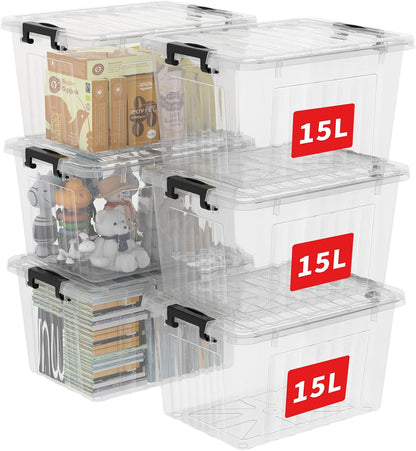 Cetomo 60Qt*6 Plastic Storage Bins, Storage Box, 6 Pack, Organizing Container with Wheels, Durable Lids and Secure Latching Buckles, Stackable and Nestable, Clear with Black Buckle