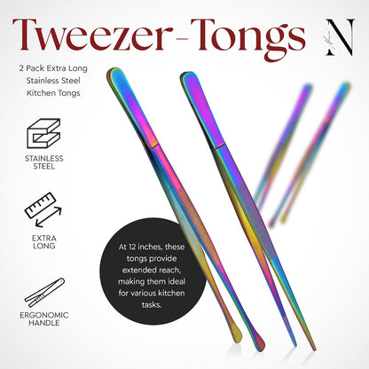 Namre' Tweezer Tongs for Cooking -Plating Tweezers - 2 Pack Stainless Steel Cooking Tongs - Thin Chopstick Tongs (Silver)