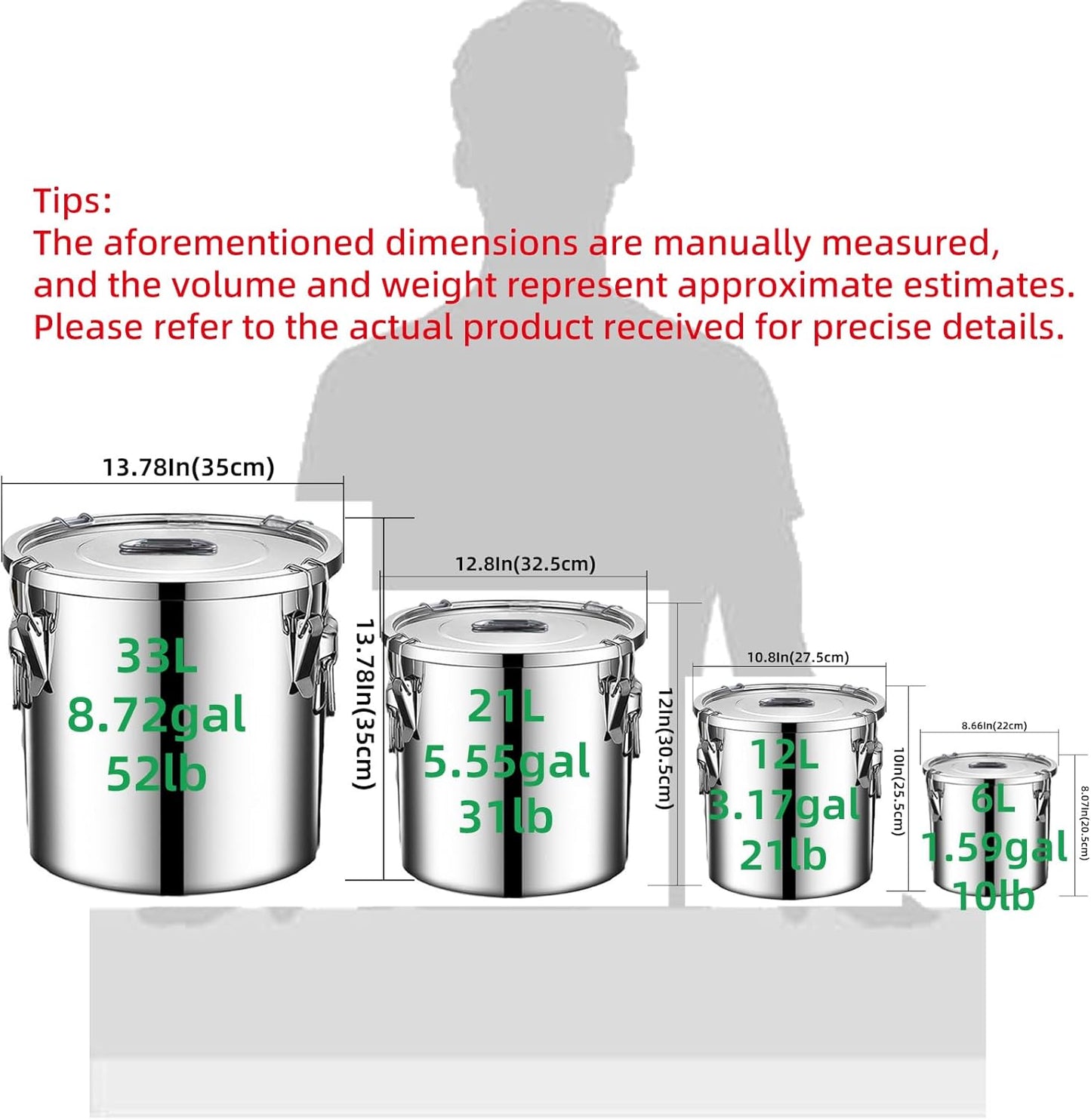 304 stainless steel food storage containers with lids lock clips airtight container large airtight for rice flour sugar grain coffee bean storage containers Kitchen jar (5.55gal/21L)