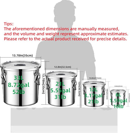 304 stainless steel food storage containers with lids lock clips airtight container large airtight for rice flour sugar grain coffee bean storage containers Kitchen jar (5.55gal/21L)