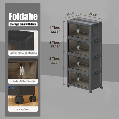 51QT Stackable Storage Bins with Lids & Wheels - Foldable Cabinet Clear Door Plastic Organizer Containers for Home, Garage, Pantry Organization - Collapsible Design Gray 5T