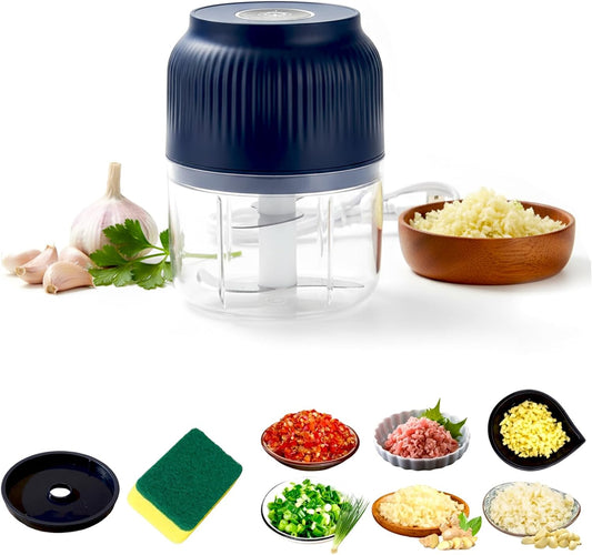 Electric Garlic Chopper, Mini Food Processor and Wireless Vegetable Chopper Electric, Small Portable Food Chopper Electric for Kitchen, One Press Power Chopper for Garlic Onion and Pepper (Blue)