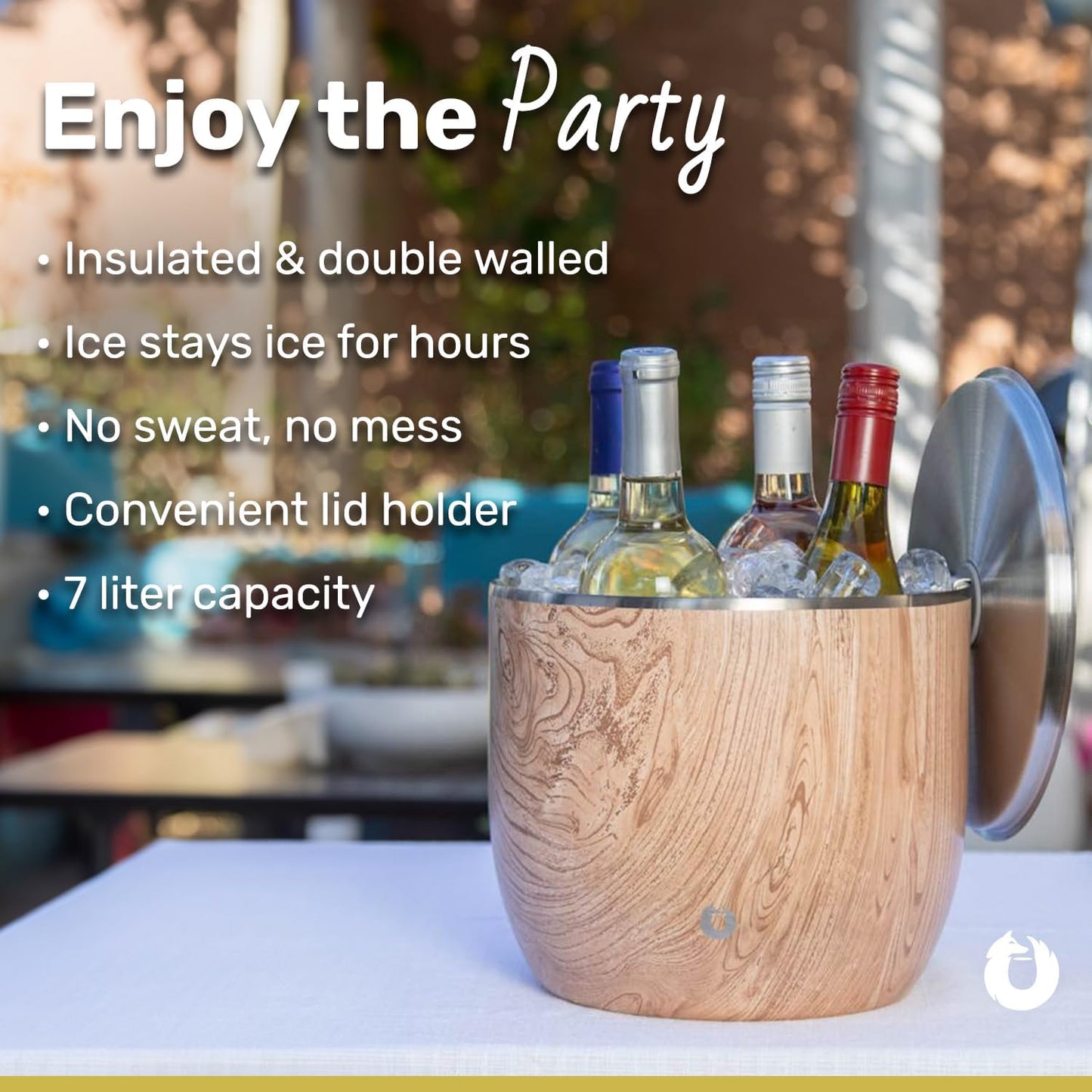 SNOWFOX Plus, Premium Vacuum Insulated Stainless Steel Ice Bucket with Lid/Scoop,Home Bar Accessories,Elegant Bartending Ice Bucket for Parties,Beautiful Outdoor Entertaining Supplies,3L,Natural Teak