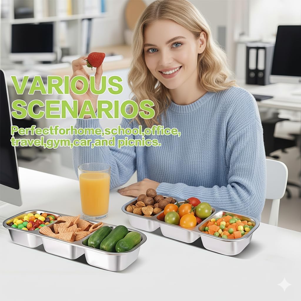 Stainless Steel Snack Containers, 6-Pack Reusable Grab and Go Containers with Lids, Dual Compartment Bento Box for Travel, Camping & Lunch Prep