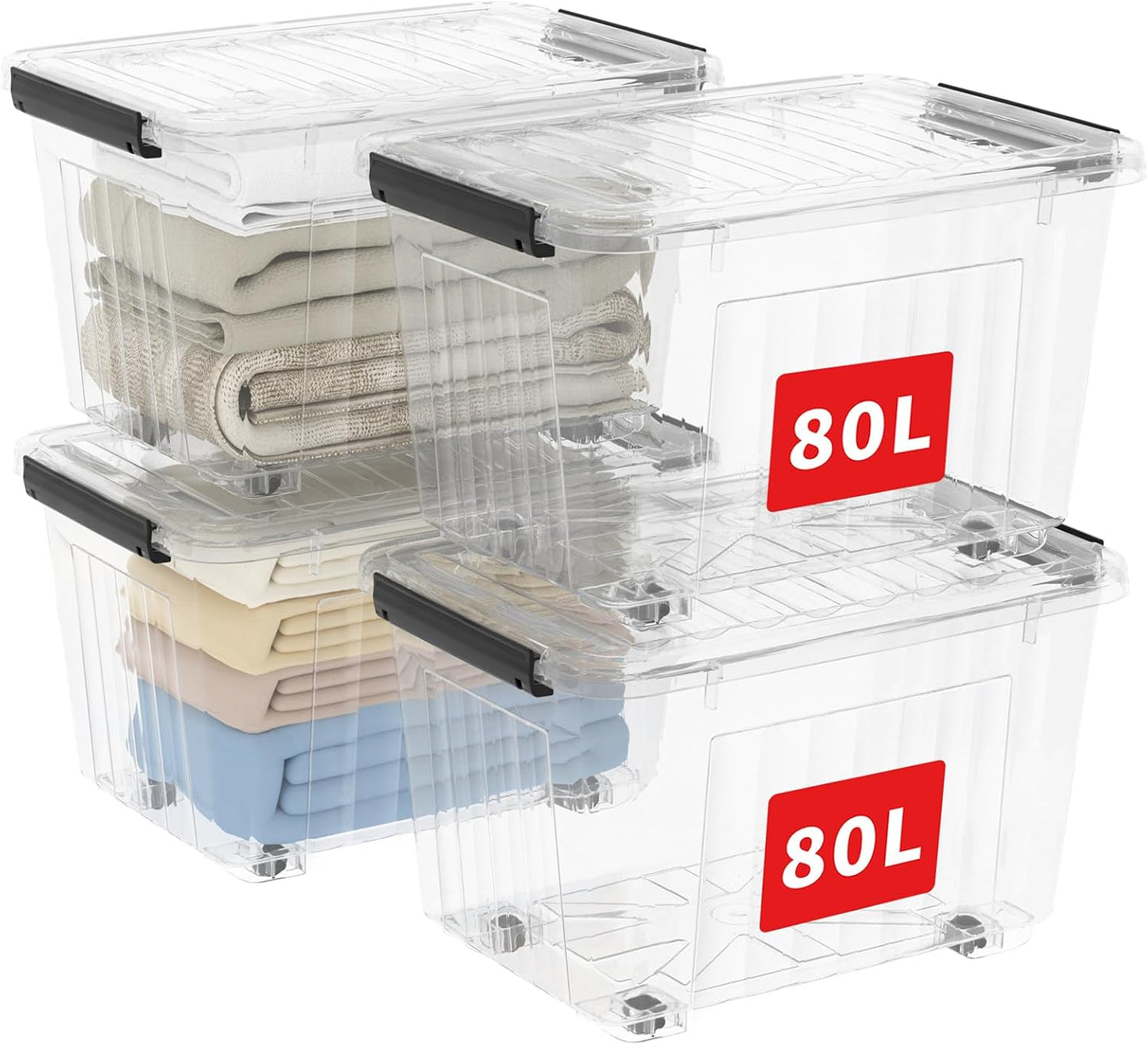 Cetomo 60Qt*6 Plastic Storage Bins, Storage Box, 6 Pack, Organizing Container with Wheels, Durable Lids and Secure Latching Buckles, Stackable and Nestable, Clear with Black Buckle
