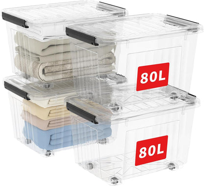Cetomo 60Qt*6 Plastic Storage Bins, Storage Box, 6 Pack, Organizing Container with Wheels, Durable Lids and Secure Latching Buckles, Stackable and Nestable, Clear with Black Buckle