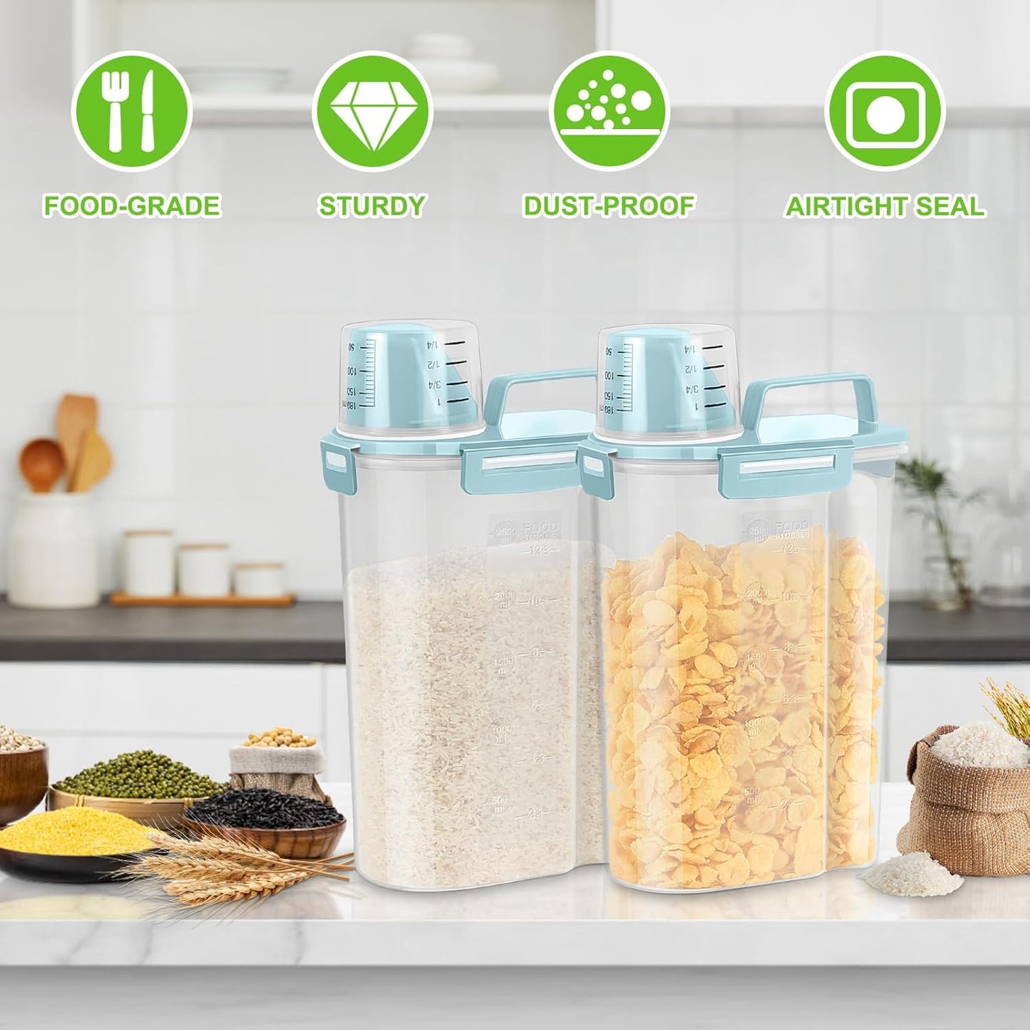 TBMax Rice Container 10 Lbs, Cereal Container Oatmeal Storage, Airtight Food Dispenser with Easy-pouring Spout & Handy Cup for Flour Grain Beans, Pet Dog Cat Bird Food Storage Container