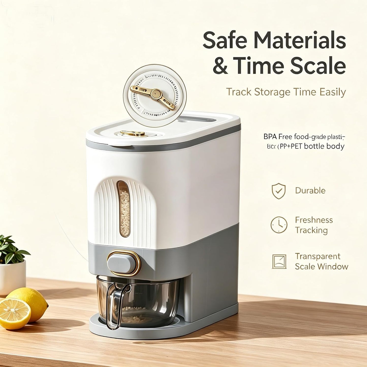 Gagee 11 Lbs Rice Dispenser, Clear | Grain Container Storage, With Lid, Measuring Cylinder, Moisture Proof, Household Cereal Dispenser Bucket