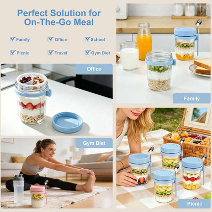 Overnight Oats Containers with Lids and Spoons - 4 Pack 16 oz Glass Mason Jars with Separate Compartments Airtight Overnight Oat Jars Leakproof Yogurt Parfait Cup for Oatmeal Chia Pudding Cereal Salad